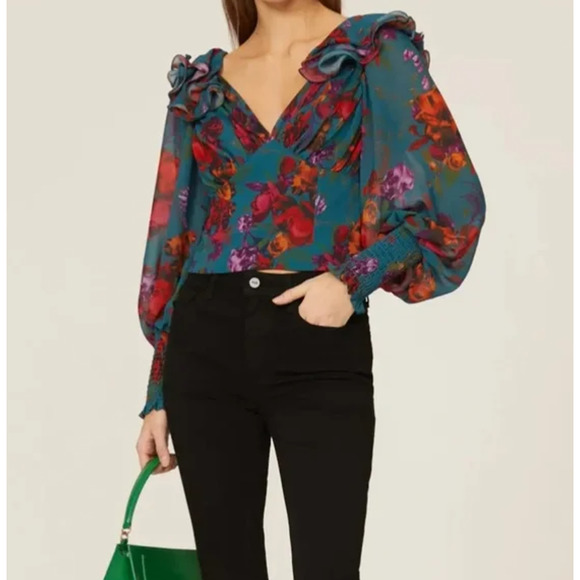 Anthropologie Tops - Hutch Reni Ruffle Long Puff Bishop Sleeve Top Turquoise Floral Women's Size XS